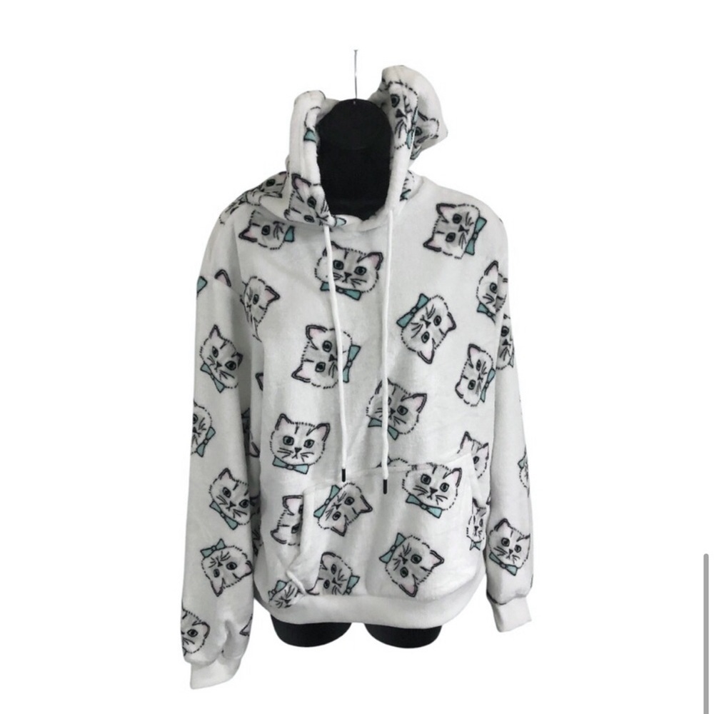 Fluffy white cozy‎ hoodie with blue bowtie kitten cat size large brand new